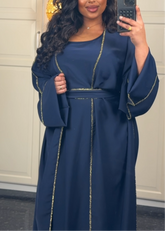 Abaya mit Goldverzierungen 3 Teilig Marineblau