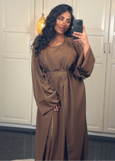Abaya mit Goldverzierungen 3 Teilig Braun