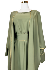 Abaya mit Goldverzierungen 3 Teilig Khaki