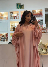 Abaya Set Satin Malika Schmetterling-Kimono & Unterkleid - Rosa